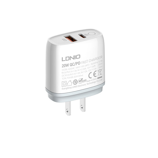 شاحن سريع بمنفذي USB مع مفتاح تحكم 20 واط من LDNIO شاحن سريع بمنفذي USB مع مفتاح تحكم 20 واط من LDNIO