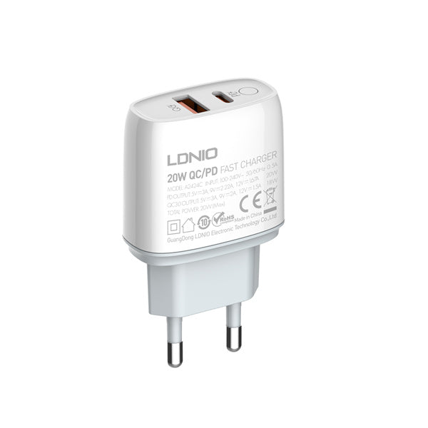 شاحن سريع بمنفذي USB مع مفتاح تحكم 20 واط من LDNIO شاحن سريع بمنفذي USB مع مفتاح تحكم 20 واط من LDNIO