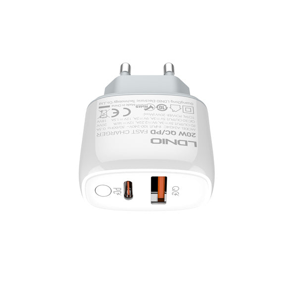 شاحن سريع بمنفذي USB مع مفتاح تحكم 20 واط من LDNIO شاحن سريع بمنفذي USB مع مفتاح تحكم 20 واط من LDNIO