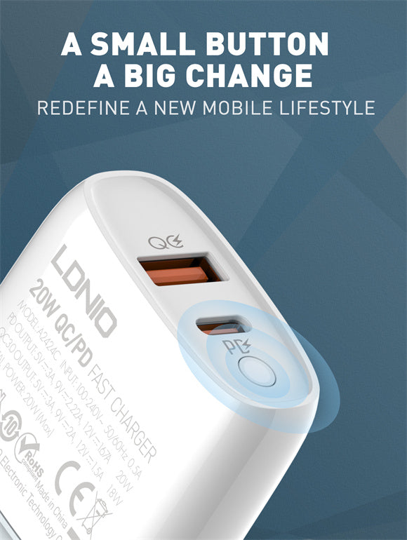 شاحن سريع بمنفذي USB مع مفتاح تحكم 20 واط من LDNIO شاحن سريع بمنفذي USB مع مفتاح تحكم 20 واط من LDNIO