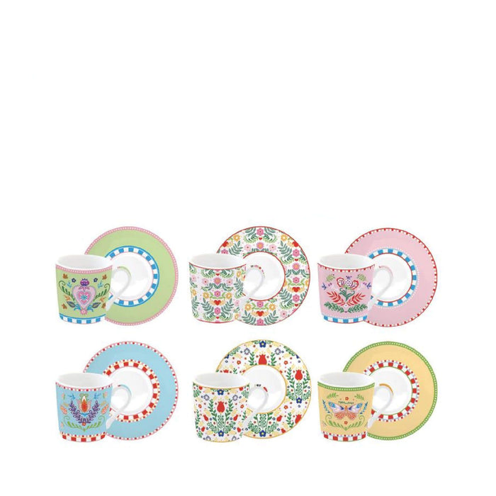 طقم فناجين قهوة 12 قطعة 100 مل بعلبة من Easy Life Spring Folk - ألوان متعددة