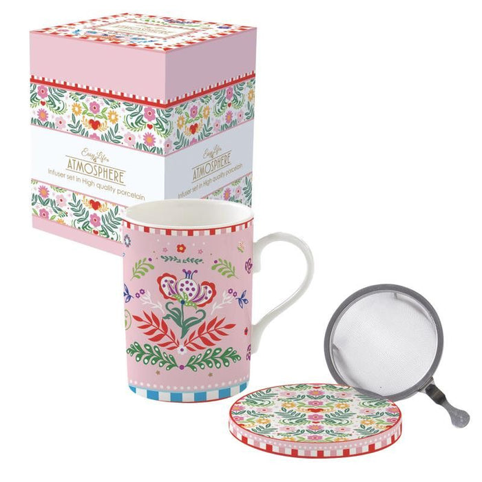 طقم كوب بمصفاة وغطاء 350 مل بعلبة من Easy Life Spring Folk - ألوان متعددة