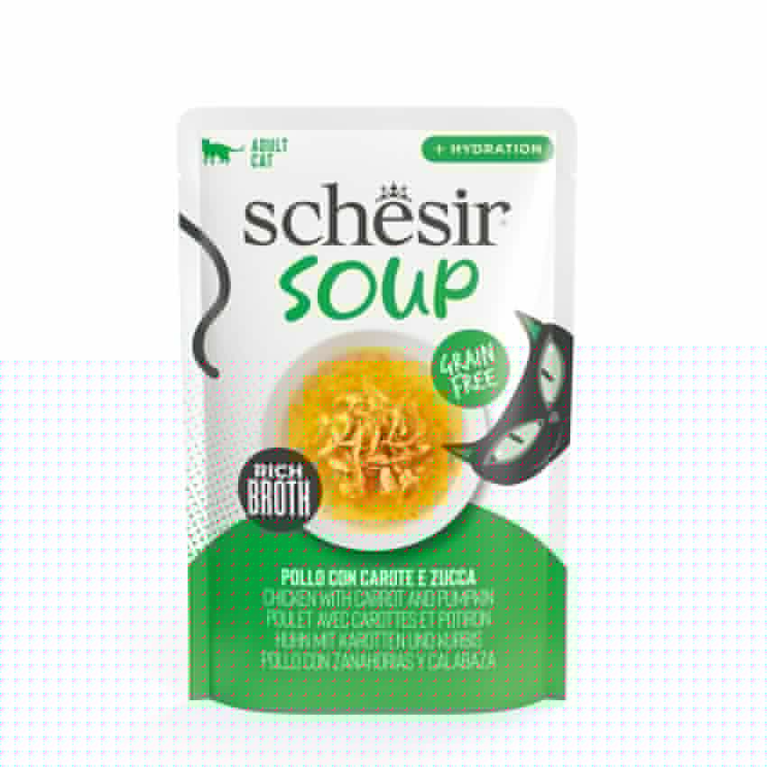 SCHESIR شوربة دجاج وقرع 12×40g طعام رطب كامل غني بالفيتامينات والتورين للقطط