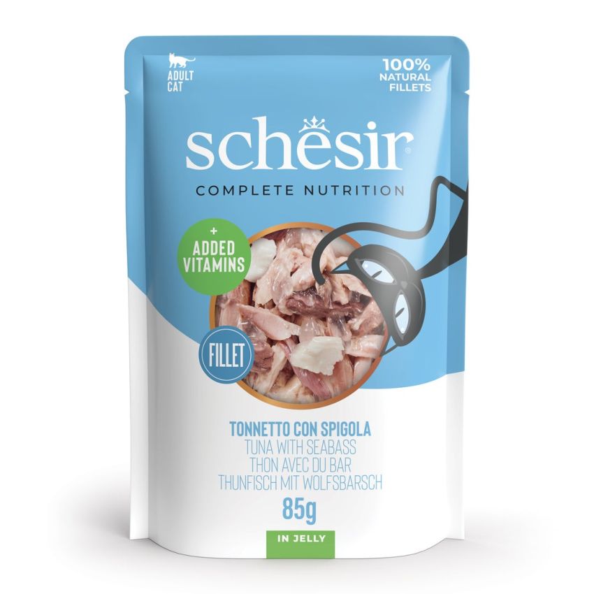 SCHESIR طعام رطب طبيعي للقطط تونة وقاروص 12X85G باوتش هلام غني بالتاورين