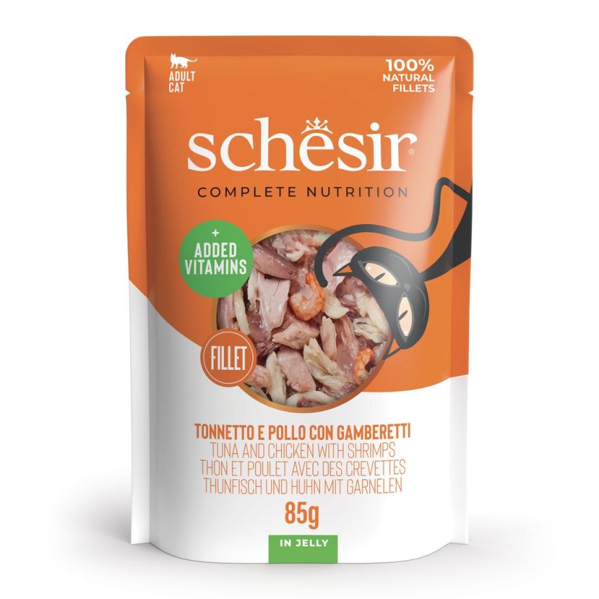 SCHESIR C&B طعام رطب للقطط - تونة دجاج روبيان في هلام عبوة 12×85 جم متوازن SCHESIR C&B طعام رطب للقطط - تونة دجاج روبيان في هلام عبوة 12×85 جم متوازن