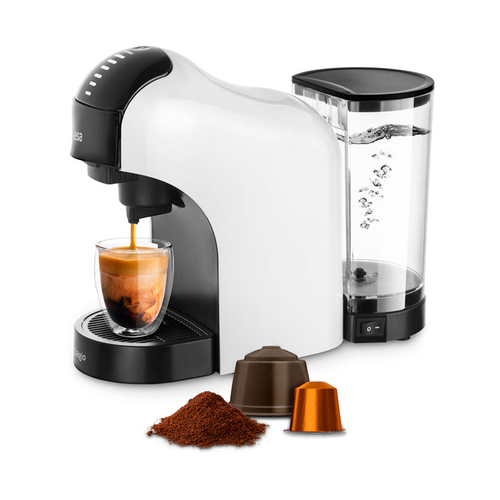 ماكينة قهوة Ufesa Bellagio Bianca – كبسولات Nespresso / Dolce Gusto وتحتوي على فلتر للقهوة المطحونة