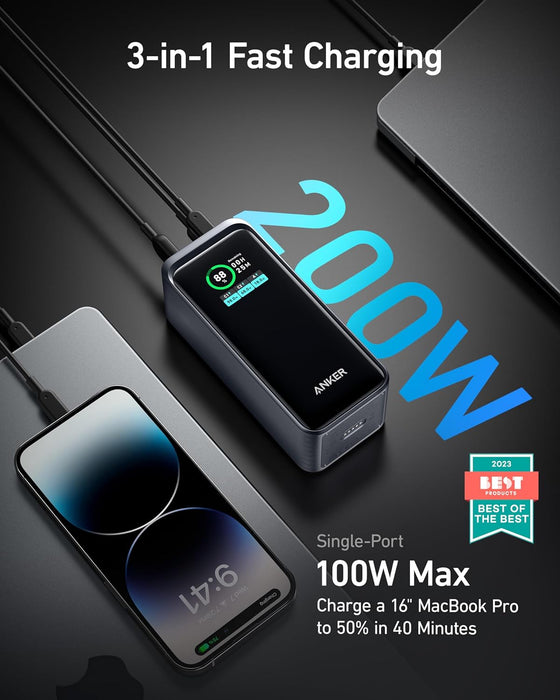 باور بانك 20,000MAH بقدرة 200W مع USB-C لشحن لابتوبين من Anker