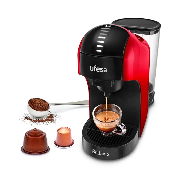 ماكينة قهوة Ufesa Bellagio Rossa – متعددة الكبسولات (Nespresso / Dolce Gusto / القهوة المطحونة)