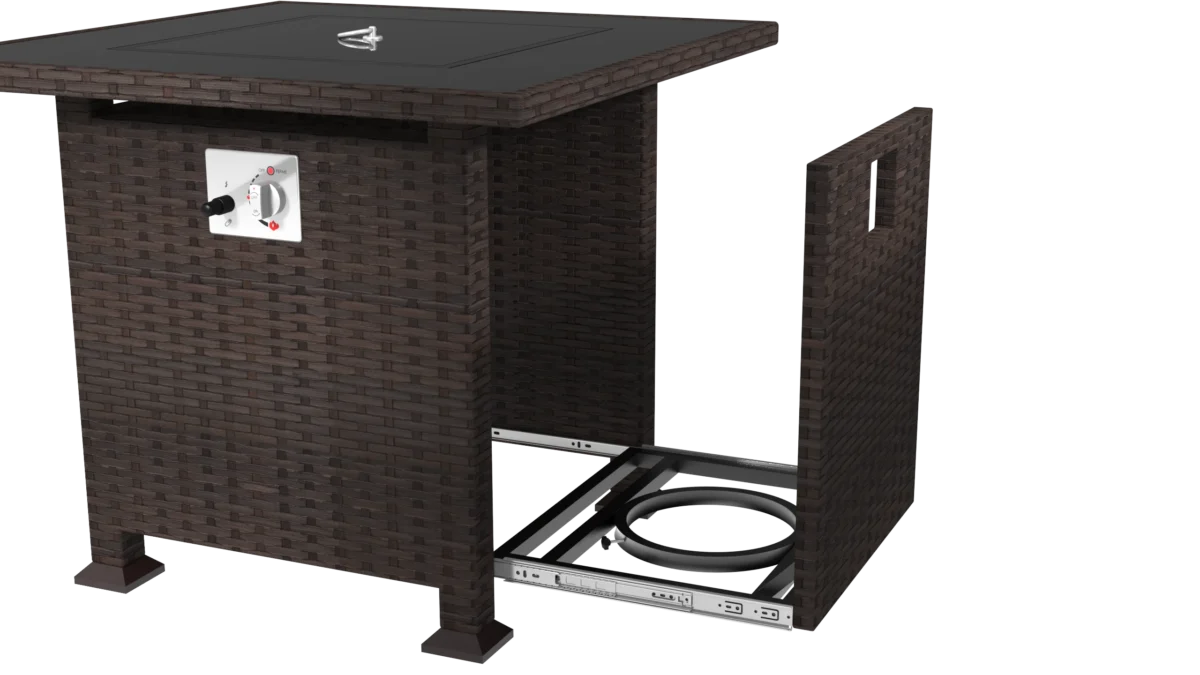 طاولة نار غازية مربعة بإطار فولاذي بني وغطاء زجاجي لحماية المساحات الخارجية