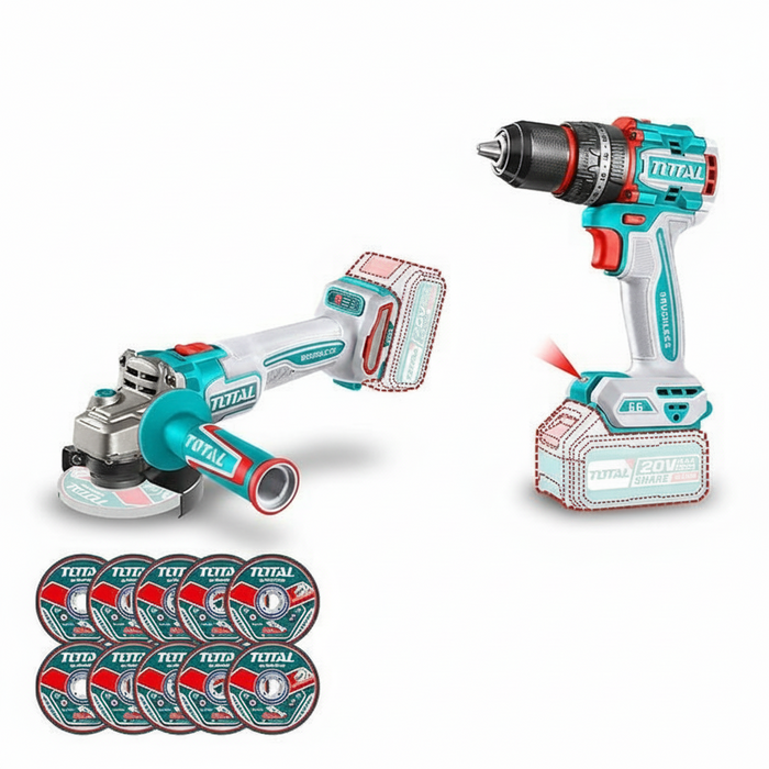 طقم دريل وصاروخ شحن بدون أسلاك من توتال 20 فولت مع محرك برشلس من Total