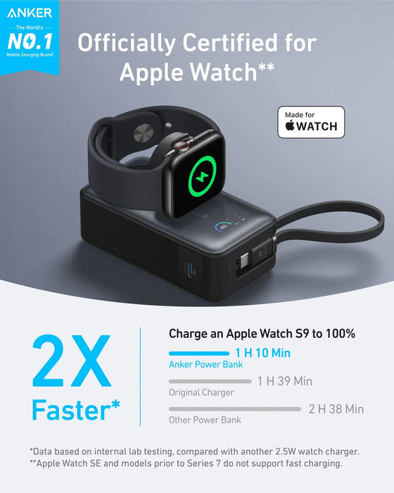 باور بانك 10000MAH 35W USB-C للشحن السريع مع شاحن Apple Watch 5W من Anker