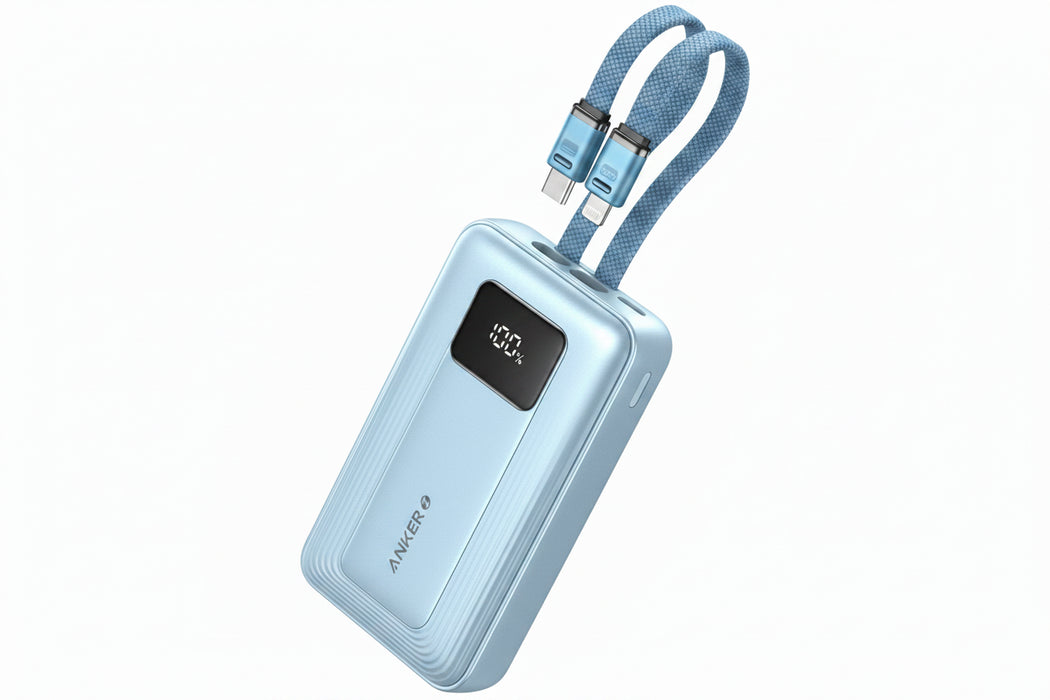باور بنك أنكر 10K بقدرة 30W مع كابل USB-C وLightning مدمج - أزرق