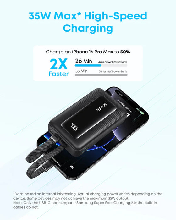 بنك طاقة 10000MAH 35W للشحن الفائق مع كابلان USB-C مدمجان ابيض من Anker
