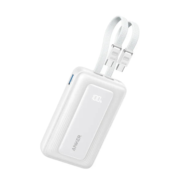 بنك طاقة 10000MAH 35W للشحن الفائق مع كابلان USB-C مدمجان ابيض من Anker