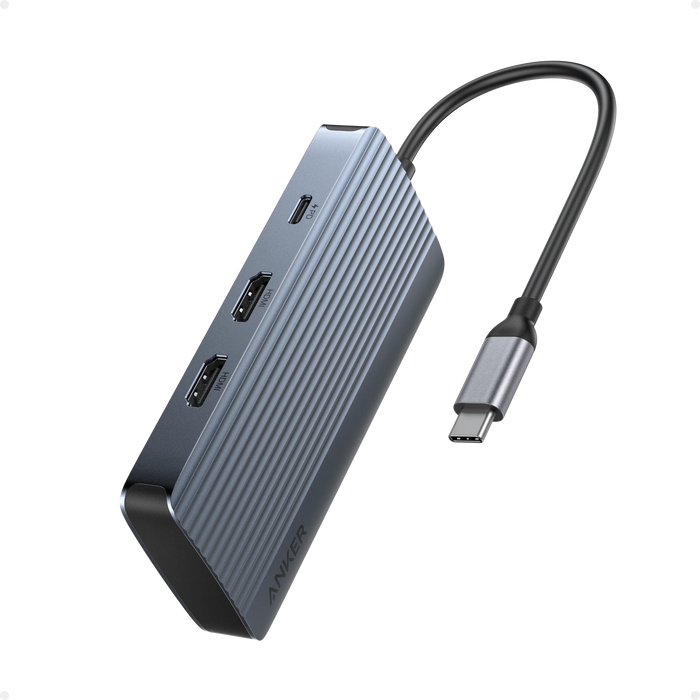 موزع أنكر USB-C 7 في 1 رمادي، دعم عرض مزدوج بدقة 1080p وسرعة نقل 10Gbps