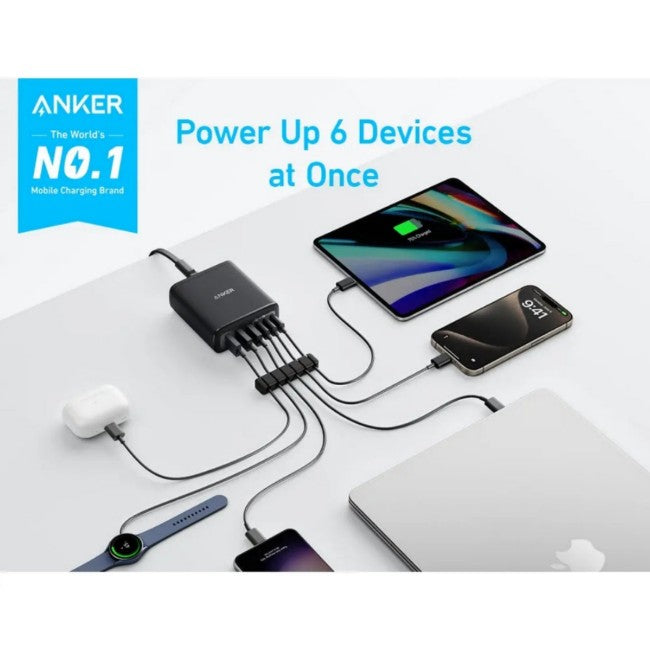 شاحن 112W ذو 6 منافذ (3 USB-C) بتقنية GaN للشحن السريع من Anker