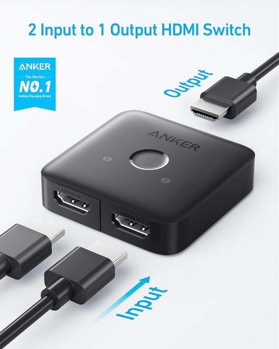 مفتاح HDMI 4K@60Hz مدخلان ومخرج واحد للتبديل بزر واحد من Anker