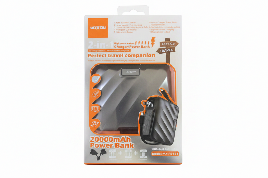 شاحن جداري وبنك طاقة موكسوم 20000mAh بقدرة 35W مع كابلات مدمجة