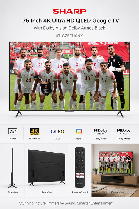 تلفاز شارب 75 بوصة 4K Ultra HD QLED مع Dolby Vision وDolby Atmos باللون الأسود