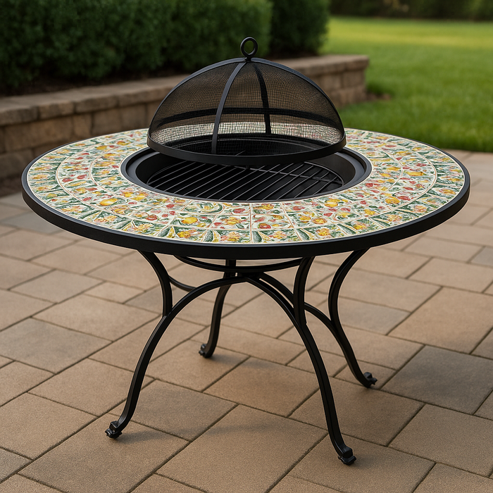 طاولة نار دائرية مزخرفة ببلاط مو Mosaic مدفأة خارجية بحواف فولاذية مقاومة