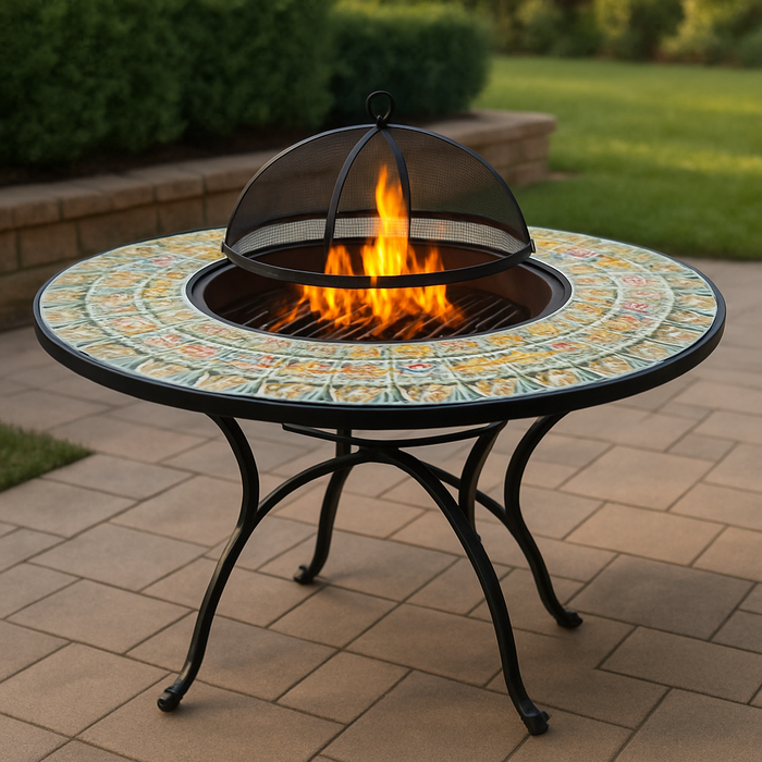 طاولة نار دائرية مزخرفة ببلاط مو Mosaic مدفأة خارجية بحواف فولاذية مقاومة