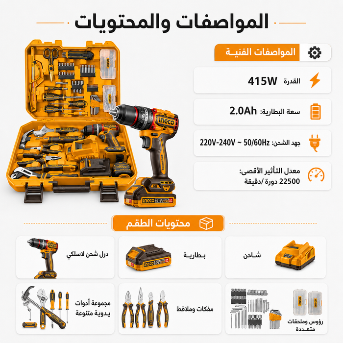 طقم درل شحن 20 فولت شاكوش 66 نيوتن 166 قطعة انكو مع تقنية لاسلكية وبدون فحمات من INGCO