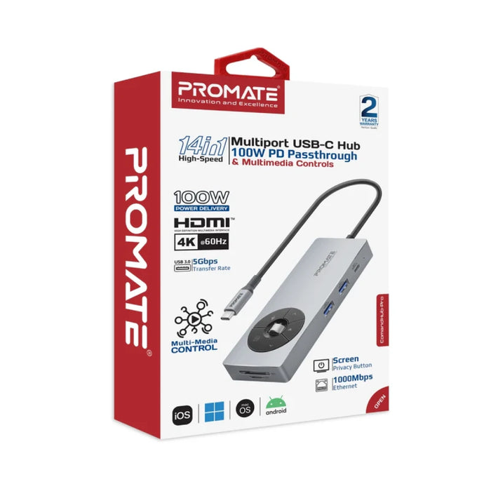 موزع USB-C كوماند هب برو 14 في 1 مع تحكم بالوسائط وشحن 100 واط من PROMATE