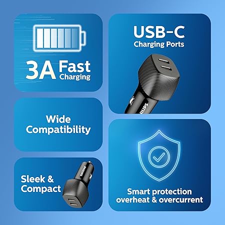 شاحن سيارة فيليبس ثنائي USB-C بقوة 60W شحن سريع وآمن