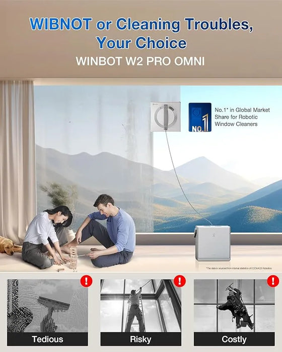 روبوت تنظيف النوافذ المحمول إيكوفاكس وينبوت W2 برو أومني بتصميم مريح ووقت تشغيل يصل إلى 110 دقيقة. من Ecovacs