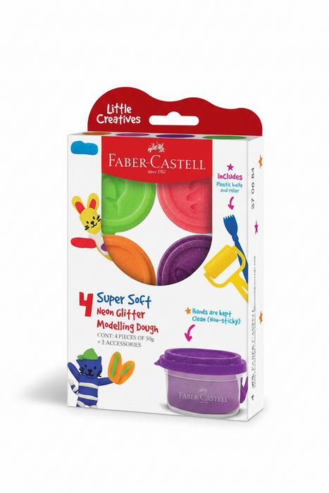 عجينة لعب لامعة دوت غليتر 4 ألوان زاهية وآمنة للأطفال مع أدوات تشكيل من Faber-Castell