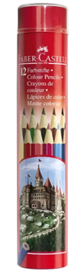 أقلام تلوين دائمة في علبة معدنية دائرية 12 لون، ألوان زاهية وقبضة مريحة. من Faber Castell