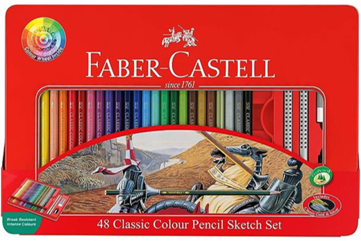 طقم أقلام تلوين كلاسيكية 48 لون في علبة معدنية مسطحة مع رؤوس مقاومة للكسر من Faber Castell