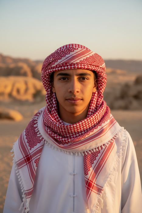 شماغ أردني أحمر أصيل مهدب بالكامل يدوياً بخيوط قطنية