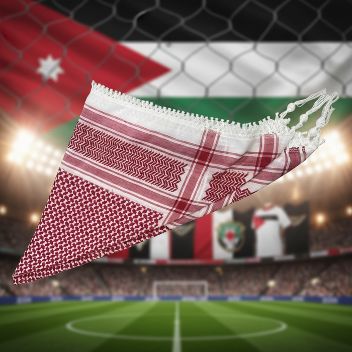 شماغ أردني أحمر أصيل مهدب بالكامل يدوياً بخيوط قطنية