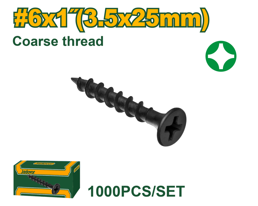 JADEVER Gypsum Screws (3.5 x 25 mm) - Coarse Point, Black Phosphate Coated 