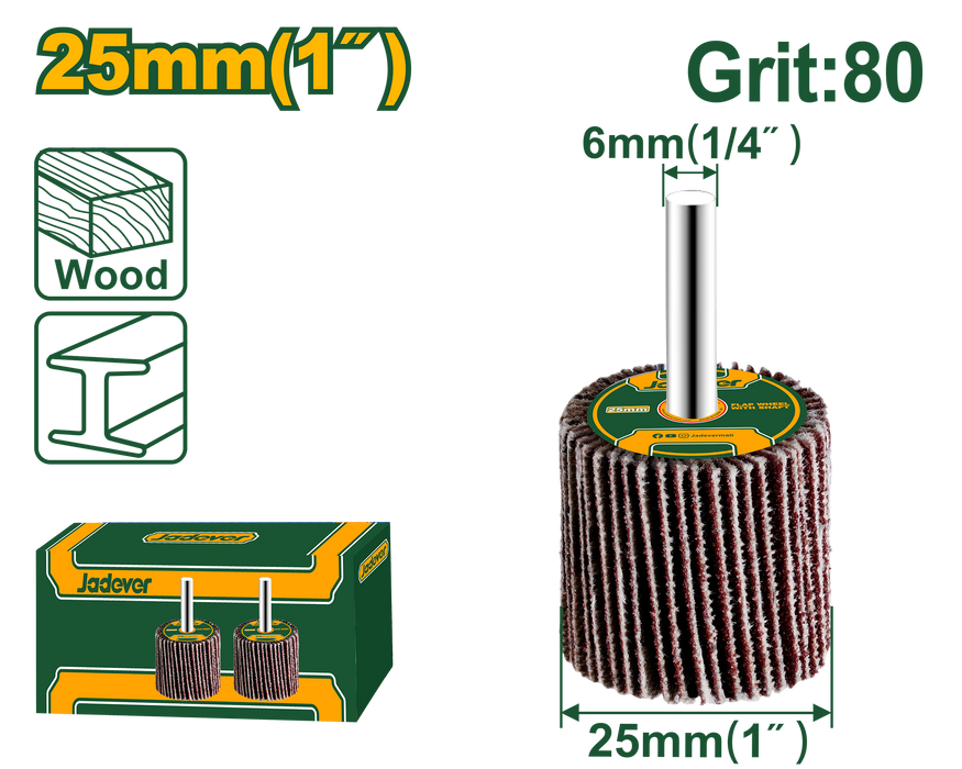 قرص تلميع JADEVER 25MM مع عمود 6MM وحبيبات 80# لصنفرة المعادن والخشب