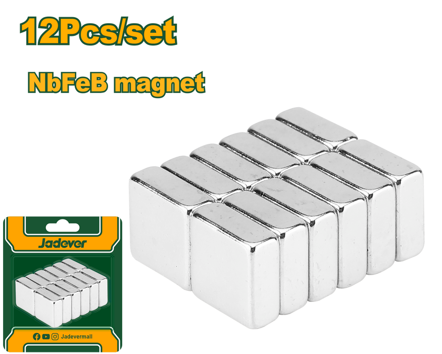 طقم مغناطيس نيوديميوم 12 قطعة مطلي بالنيكل 10×10×104 ملم - JADEVER