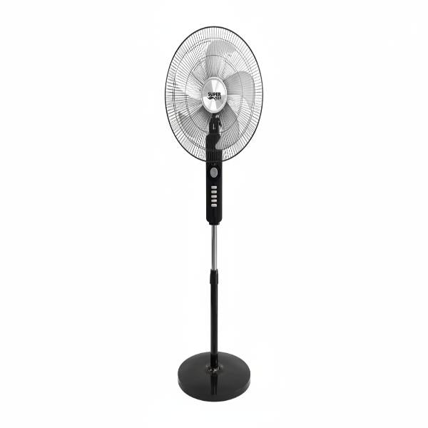 مروحة عمودية سوبر تك 18 إنش STFS45‑9084، 60 واط، 5 شفرات حديد، 4 سرعات، أسود، صوت هادئ.