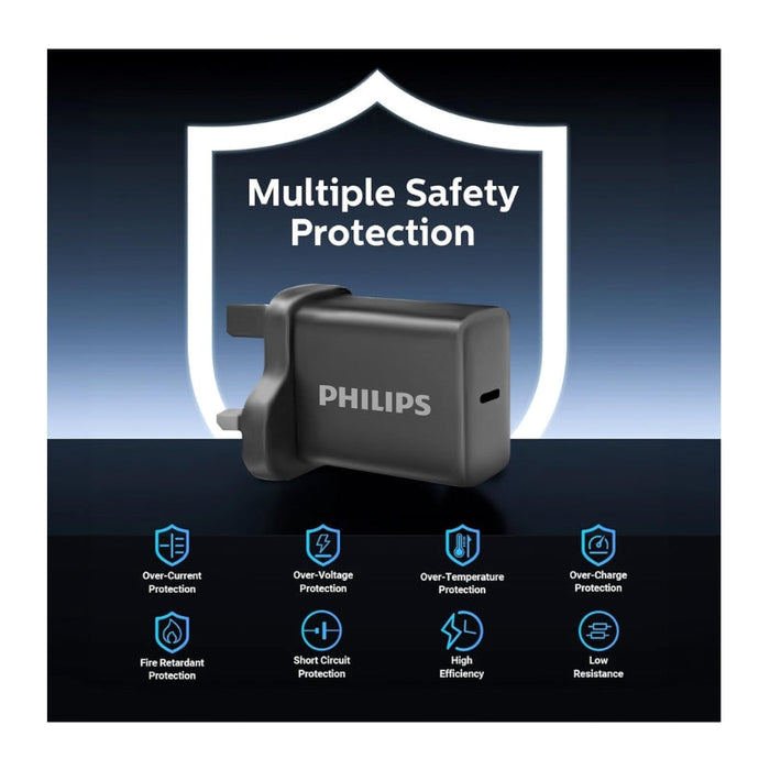 شاحن جدار فيليبس 30 واط بتقنية GaN مع كابل USB-C أسود