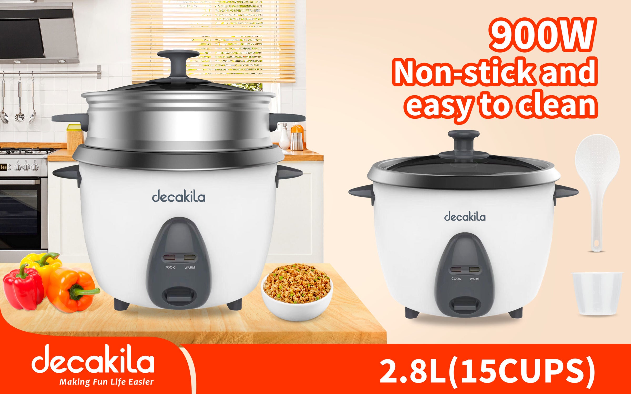 طباخ أرز كهربائي سعة 2.8 لتر – 900 واط مع سلة تبخير وملعقة وكوب قياس من دكاكيلا Decakila طباخ أرز كهربائي سعة 2.8 لتر – 900 واط مع سلة تبخير وملعقة وكوب قياس من دكاكيلا Decakila