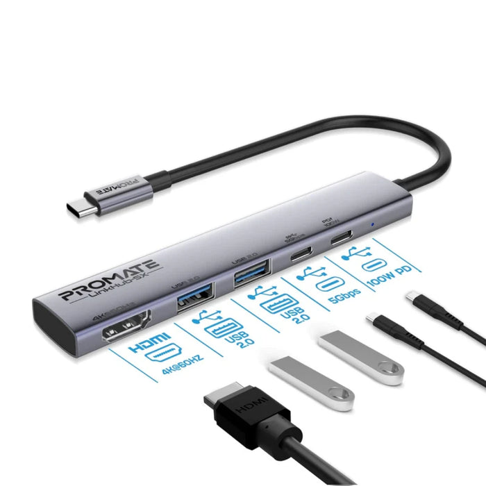 موزع USB-C متعدد الوظائف لينك هاب 5X بدقة 4K وشحن 100 واط من PROMATE