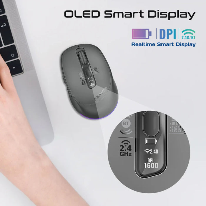 ماوس لاسلكي 7D بشاشة OLED وإضاءة RGB ونظام اتصال ثلاثي متعدد الأجهزة من PROMATE