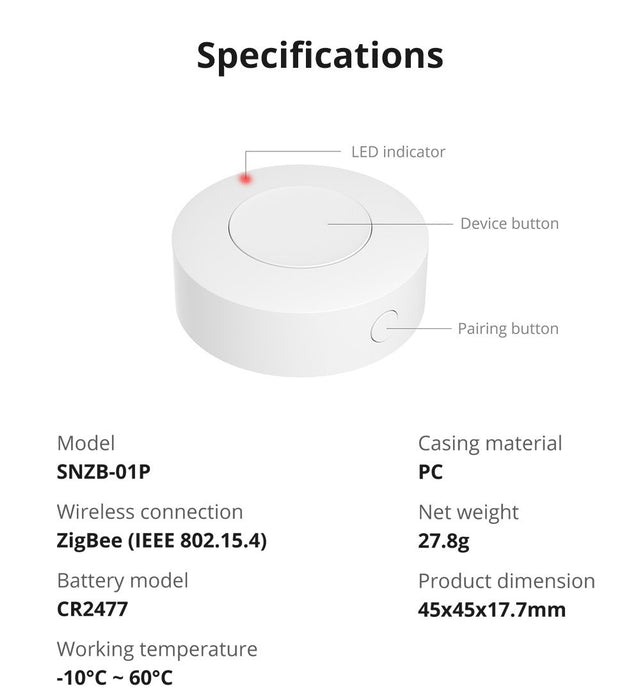 مفتاح Zigbee اللاسلكي SNZB-01P بتخصيص إجراءات الزر وتحكم متعدد بالأجهزة من sonoff