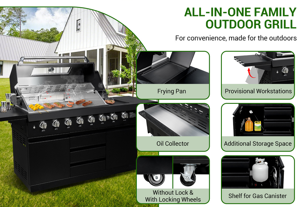 شواية غاز 6 شعلات من الفولاذ المقاوم للصدأ بقوة 99,000 BTU للاحترافية