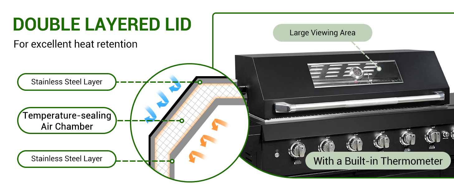 شواية غاز 6 شعلات من الفولاذ المقاوم للصدأ بقوة 99,000 BTU للاحترافية