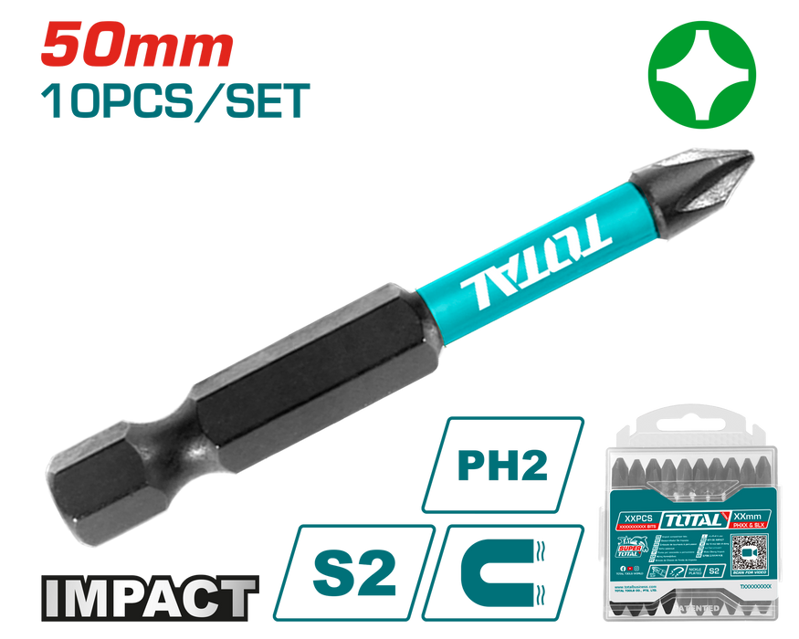 مجموعة رؤوس مفكات تأثير TOTAL PH2 50 مم - 10 قطع فولاذ S2 مع منطقة صدمة