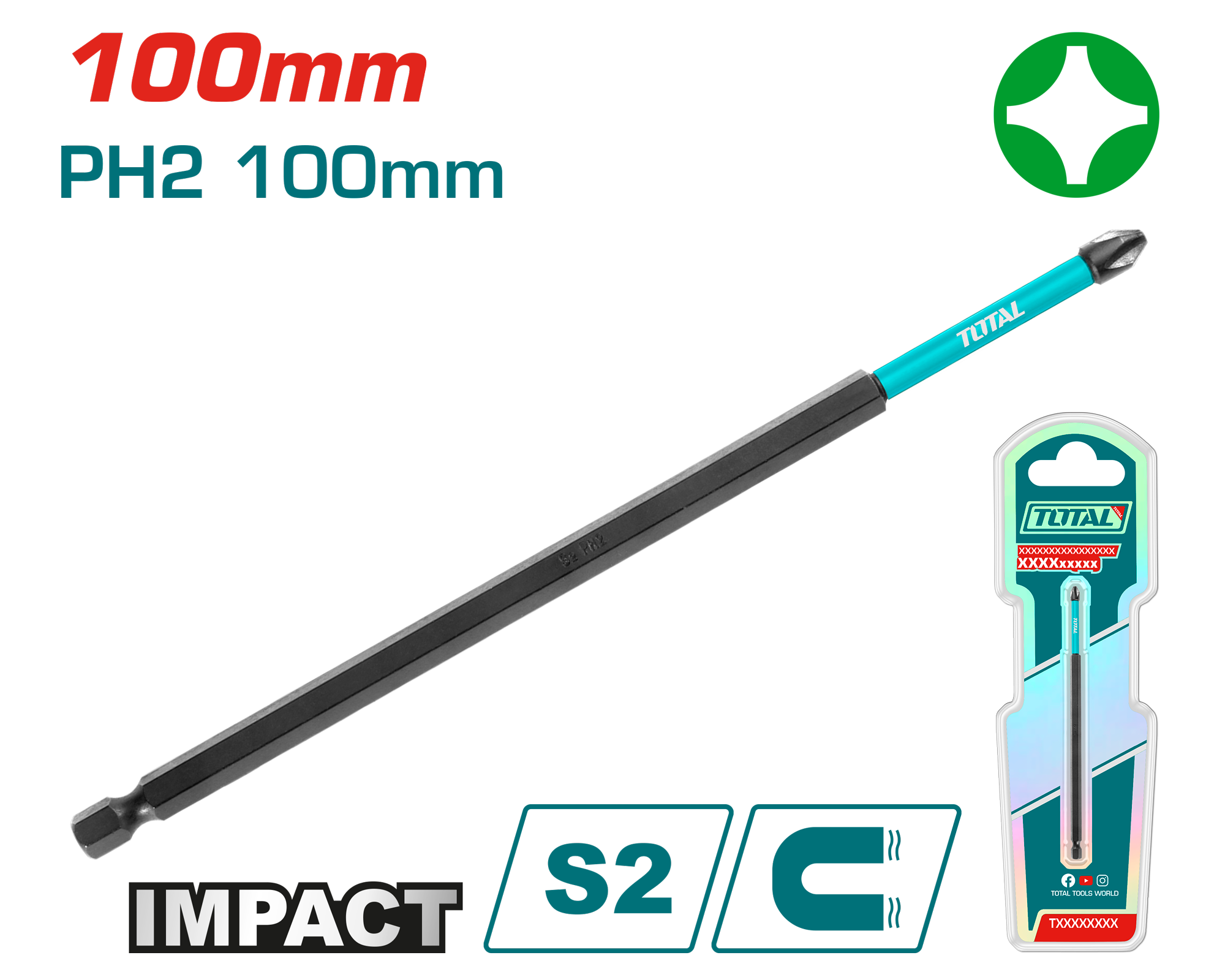 Total PH2 100mm Phillips Impact Screwdriver Head Total PH2 100mm Phillips Impact Screwdriver Head