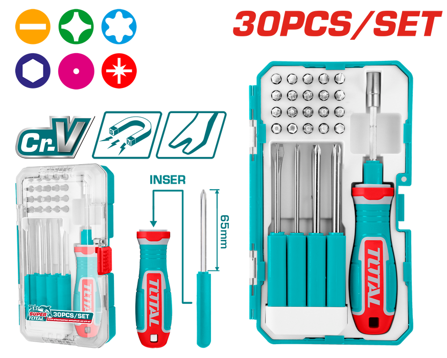 طقم مفكات وبِتات متعددة الاستخدامات 30 قطعة من توتال