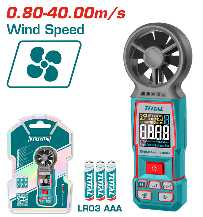 مقياس سرعة الرياح الرقمي TOTAL - دقة 0.01 م/ث ونطاق 0.80–40 م/ث