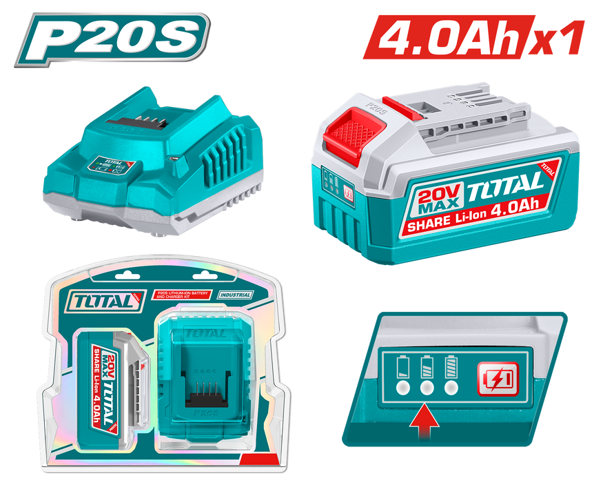 مجموعة شاحن وبطارية ليثيوم أيون 4.0AH من TOTAL P20S - 20V مع شاحن سريع